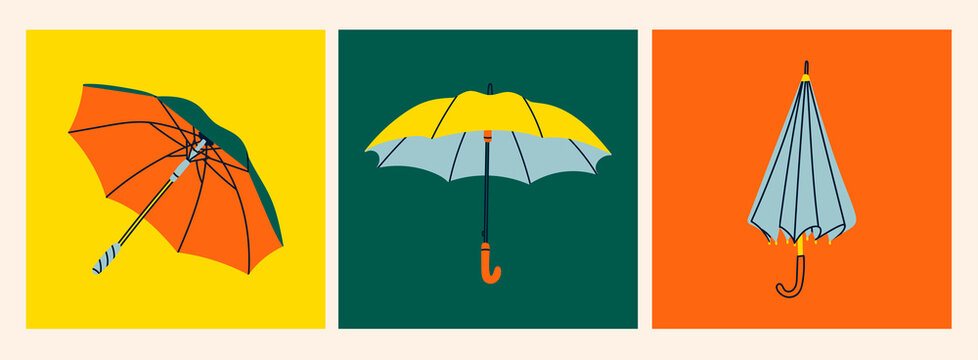 Umbrellas in various positions. Open and folded umbrellas. Set of three Hand drawn colored Vector illustrations. Cartoon style. Design templates. All elements are isolated