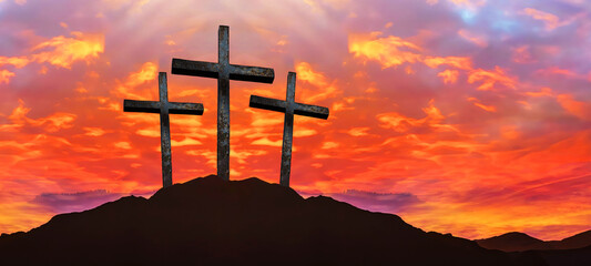 Easter background banner panorama religious greeting card Crucifixion and Resurrection. Three crosses of Golgotha by sunset...