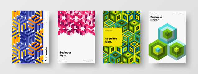 Fototapeta premium Modern postcard vector design concept set. Abstract mosaic tiles annual report illustration bundle.