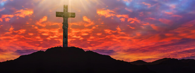 Easter background banner panorama religious greeting card Crucifixion and Resurrection. Cross...