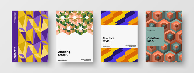 Creative annual report design vector template composition. Bright mosaic hexagons corporate identity concept bundle.