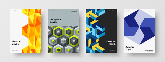 Fresh company identity vector design template collection. Original mosaic hexagons annual report layout composition.