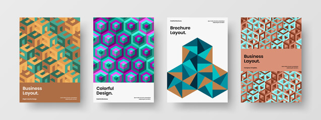 Simple geometric tiles catalog cover template collection. Colorful company brochure A4 design vector layout composition.