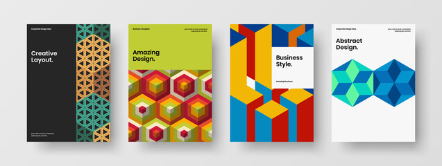 Unique mosaic shapes company brochure layout collection. Multicolored annual report A4 vector design illustration bundle.