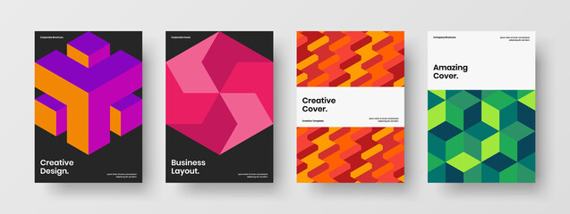 Multicolored cover design vector concept set. Simple geometric hexagons handbill illustration bundle.