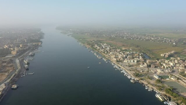 Aerial Drone shot of Luxor West Bank and Nile Valley in Egypt