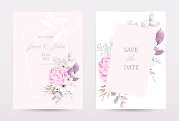 Watercolor pink rose flowers invitation template cards set