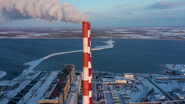 Surgut. Hydro-circulation power plant (GRES-2). The largest thermal power plant in Russia. Aerial view.