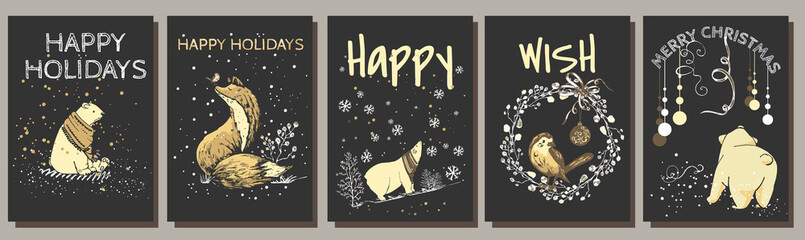 set of 5 christmas cards set of 5 cards for christmas, fox, polar bear, bird, plants on a dark background, graphic illustration with hands, vector, design of greetings, invitations to the new year, ch © LypoVa