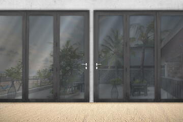 Door glass with the reflection of the restaurant