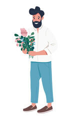 Smiling bearded man with floral arrangement semi flat color vector character. Standing figure. Full body person on white. Simple cartoon style illustration for web graphic design and animation