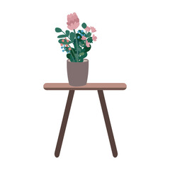 Coffee table with houseplant semi flat color vector object. Beautiful flowers. Full sized item on white. Flowering plant in pot simple cartoon style illustration for web graphic design and animation