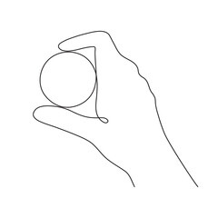 Hand with coin, one line art, continuous contour drawing, hand-drawn icon for business, minimalist design. Financial sign, currency.Editable stroke.Isolated.Vector illustration