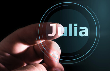 Hand pressing Julia button on virtual screen. Julia programming language.
