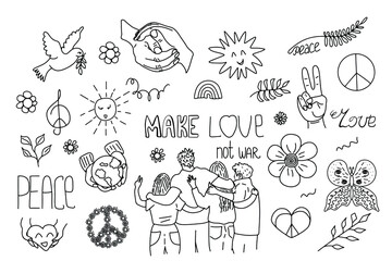 Fototapeta na wymiar Peace doodle elements set. Make love not war