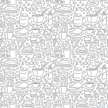 Street junk food hand drawn background doodles seamless pattern sketch style vector illustration