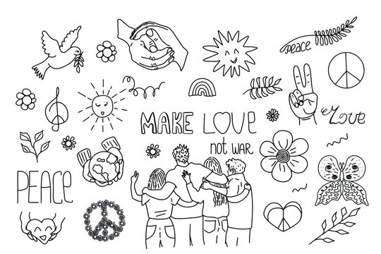 Peace doodle elements set. Make love not war
