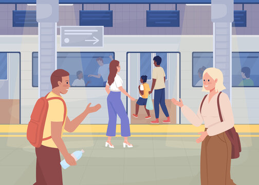 Everyday life at subway station flat color vector illustration. Mass rapid transit. Modern urban lifestyle. Public transport 2D simple cartoon characters with cityscape on background