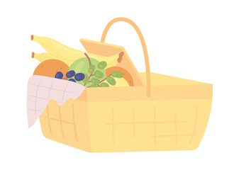 Picnic basket semi flat color vector object. Full sized item on white. Picnic hamper. Delicious snacks and fruits storage simple cartoon style illustration for web graphic design and animation