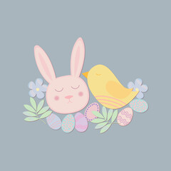 Easter illustration with bunny, bird, flowers and eggs
