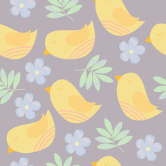 seamless pattern with bird, flowers and leaves 