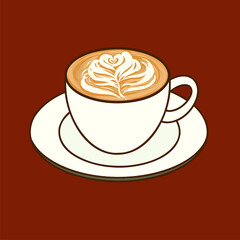 Hand drawn vector of coffee latte with latte art isolated on red color.
