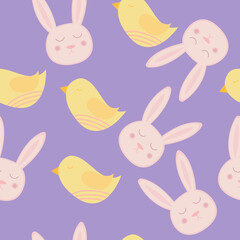 seamless pattern with bird and bunny on purple background