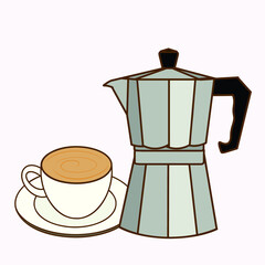 Hand drawn vector of coffee pot and coffee cup isolated on light cream color.