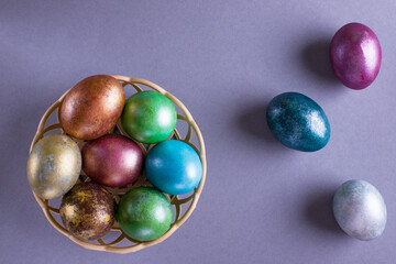 Red Easter eggs on a bright background. Easter background with eggs close up. Place for text.
