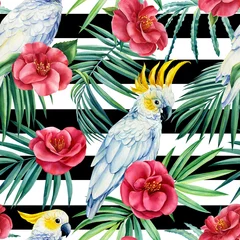 Fototapete Papagei Aquarellfarbenes, nahtloses Muster mit exotischen Blättern, Blumen und Kakaduvögeln auf schwarz-weißem geometrischem Hintergrund