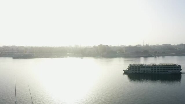Aerial Drone Shot of Sunrise in the nile - Luxor, Egypt