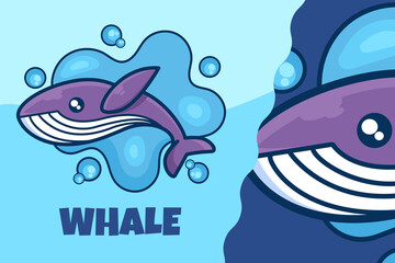 set of cute whale cartoon mascot character and logo illustration