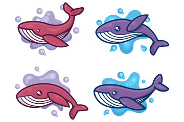 set of cute whale cartoon mascot character and logo illustration