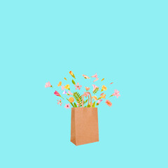 Art floral paper shopping bag of beautiful natural flowers. Trendy colorful blooming abstract idea...