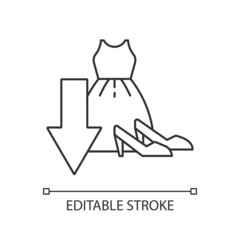 Cut down purchasing of clothes linear icon. Avoid overconsumption. Consumerism and shopaholism. Thin line illustration. Contour symbol. Vector outline drawing. Editable stroke. Arial font used