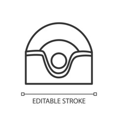 Tool for facial cleansing black glyph icon. Skin care procedures appliance. Massager and exfoliator. Thin line illustration. Contour symbol. Vector outline drawing. Editable stroke. Arial font used