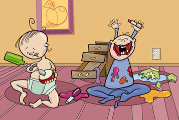 cartoon baby boys playing and making a mess