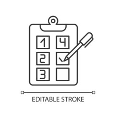 Plan adherence linear icon. Building goals. Business strategy and project. Objectives checklist. Thin line illustration. Contour symbol. Vector outline drawing. Editable stroke. Arial font used