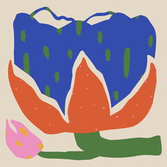 Beautiful rose in trendy paper cut style. Floral design. Botanical cartoon illustration. Flower fit in square frame with various textures and colors. Simple hand drawn shapes. Isolated vector print