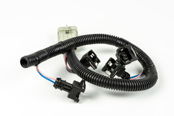 Modern automotive wiring for connecting auxiliary electronic systems of a car on a white background, electronic,