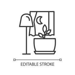 Darkness for houseplant growth linear icon. Better plant metabolism at night. Potted flower care. Thin line illustration. Contour symbol. Vector outline drawing. Editable stroke. Arial font used