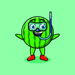 Cute cartoon watermelon diver with swimming glass in 3d modern style design