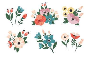 Flowers and bouquets isolated on white background. Set of spring/summer flowers. 