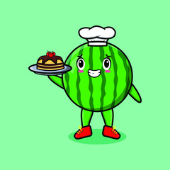 Cute Cartoon chef watermelon mascot character serving cake on tray cute style design in 3d cartoon style concept