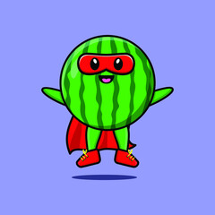 Cute watermelon superhero character flaying illustration cartoon vector in concept 3d modern style design