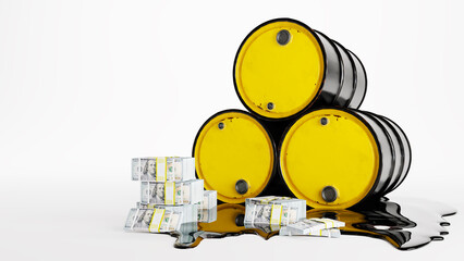Barrels of oil, black oil barrels with pack of dollars.
