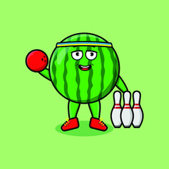Cute cartoon watermelon character playing bowling in 3d modern style design