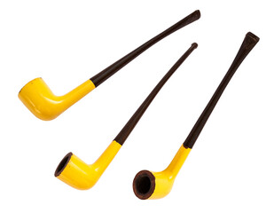 Smoking long black and yellow pipe isolated on white different angles retro style