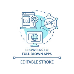 Browsers to full-blown apps turquoise concept icon. Tech macro trends abstract idea thin line illustration. Isolated outline drawing. Editable stroke. Arial, Myriad Pro-Bold fonts used