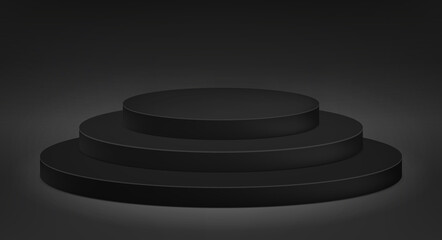 Three-stage black podium, award pedestal, geometry shape, vector design object for you project